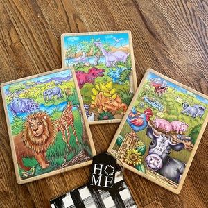 Wooden puzzles | Set of 3 | Dinosaurs, Zoo Animals, Farm Animals | Vintage 1999